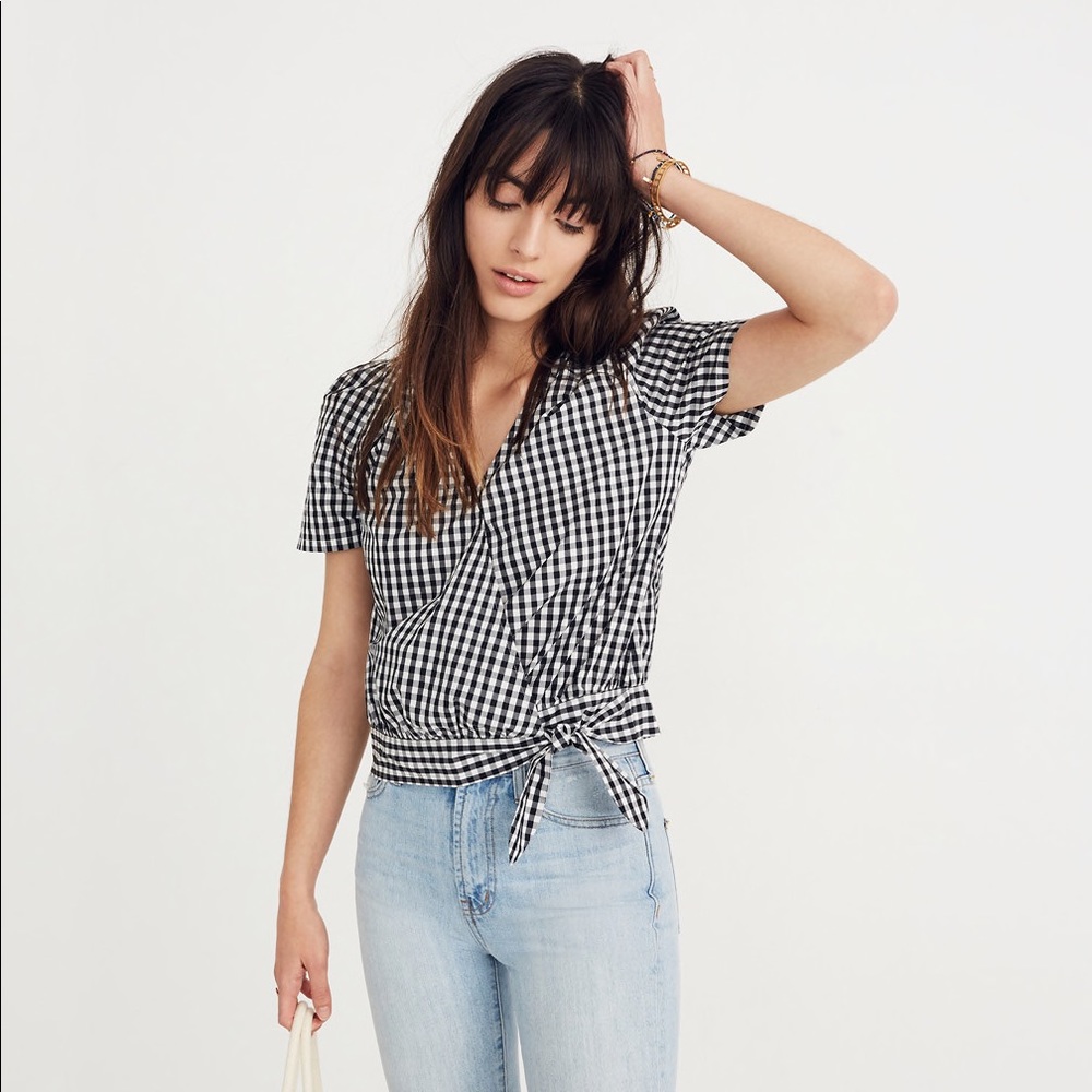 Madewell Gingham Short Sleeve Wrap Top
